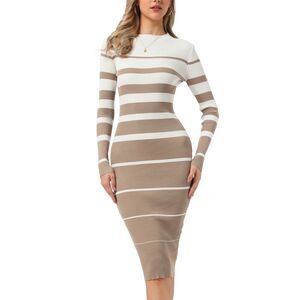 Women Striped Dress Long Sleeve Crew Neck Ribbed Knit Bodycon Dress Khaki White